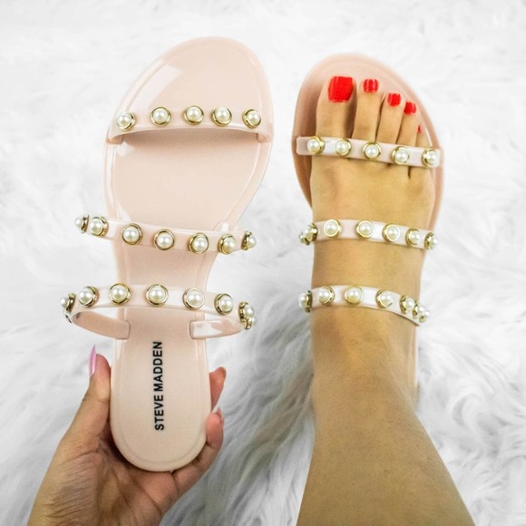 Steve Madden Shoes - STEVE Madden Beige Sandals, Pearl Strappy Sandals, Slip On Sandals 8
